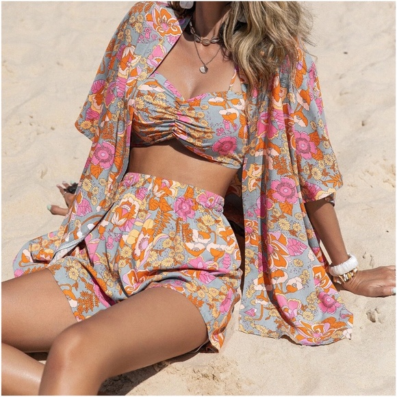 045 Boho Paisley Print Shorts Cover up Set - Picture 3 of 7